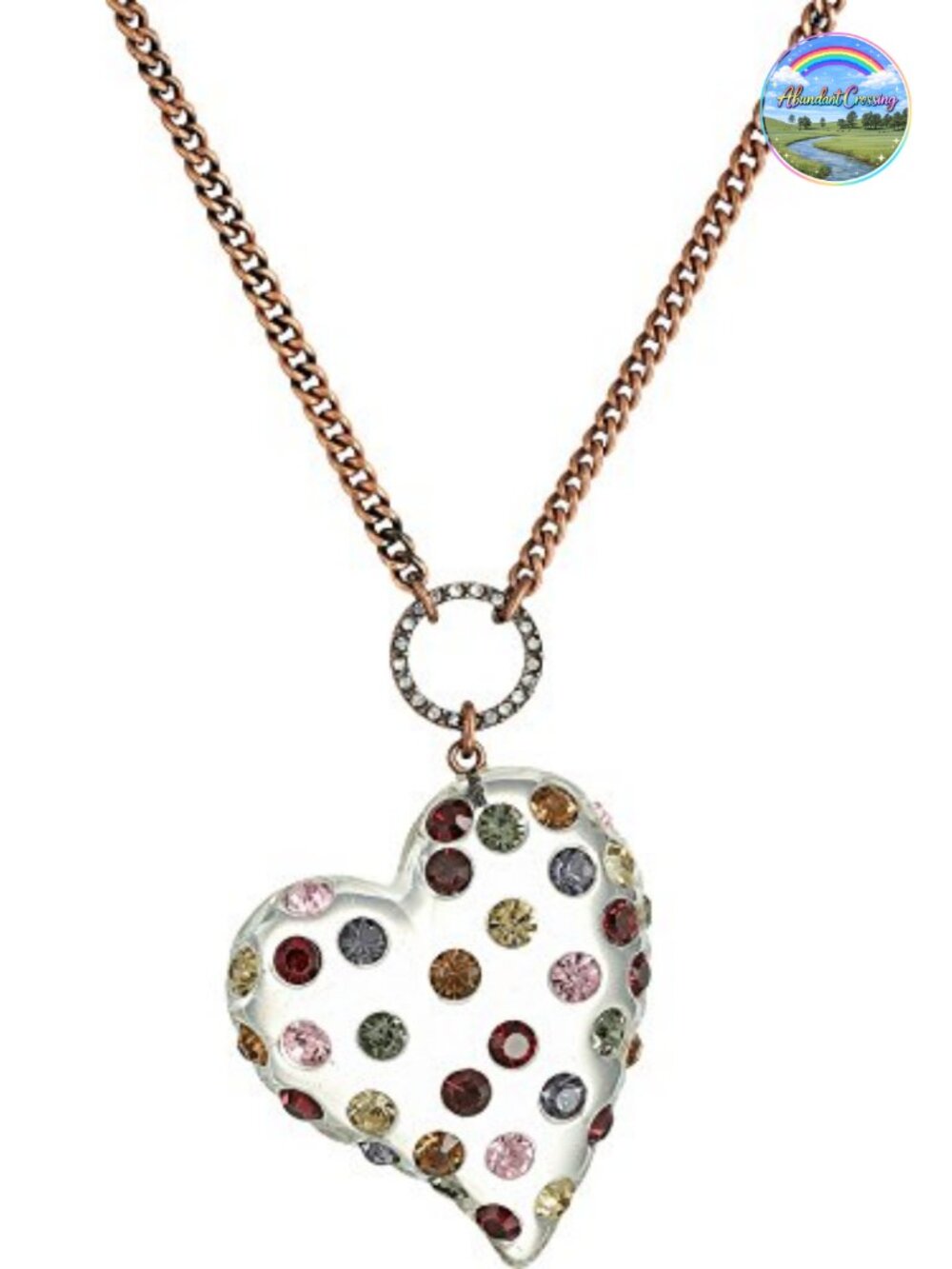 Long Lucite Heart Pendant Necklace Copper Tone